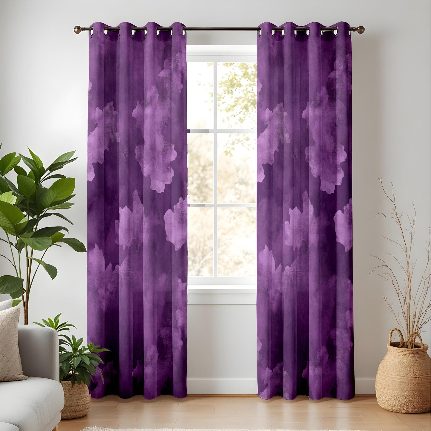 Onay Purple Abstract Cloud Eyelet Curtains – Violet Watercolor Lined Drapes