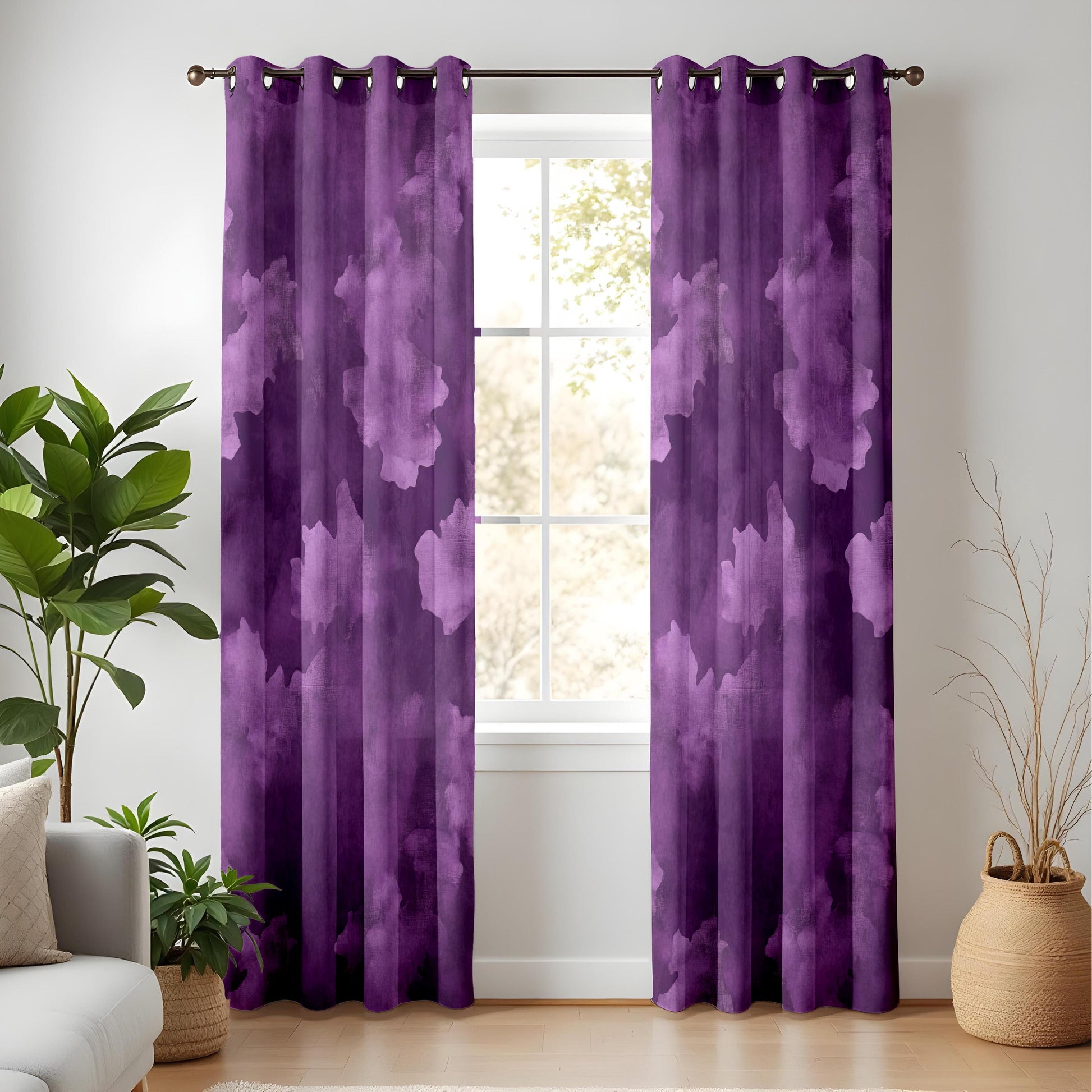 Onay Purple Abstract Cloud Eyelet Curtains – Violet Watercolor Lined Drapes