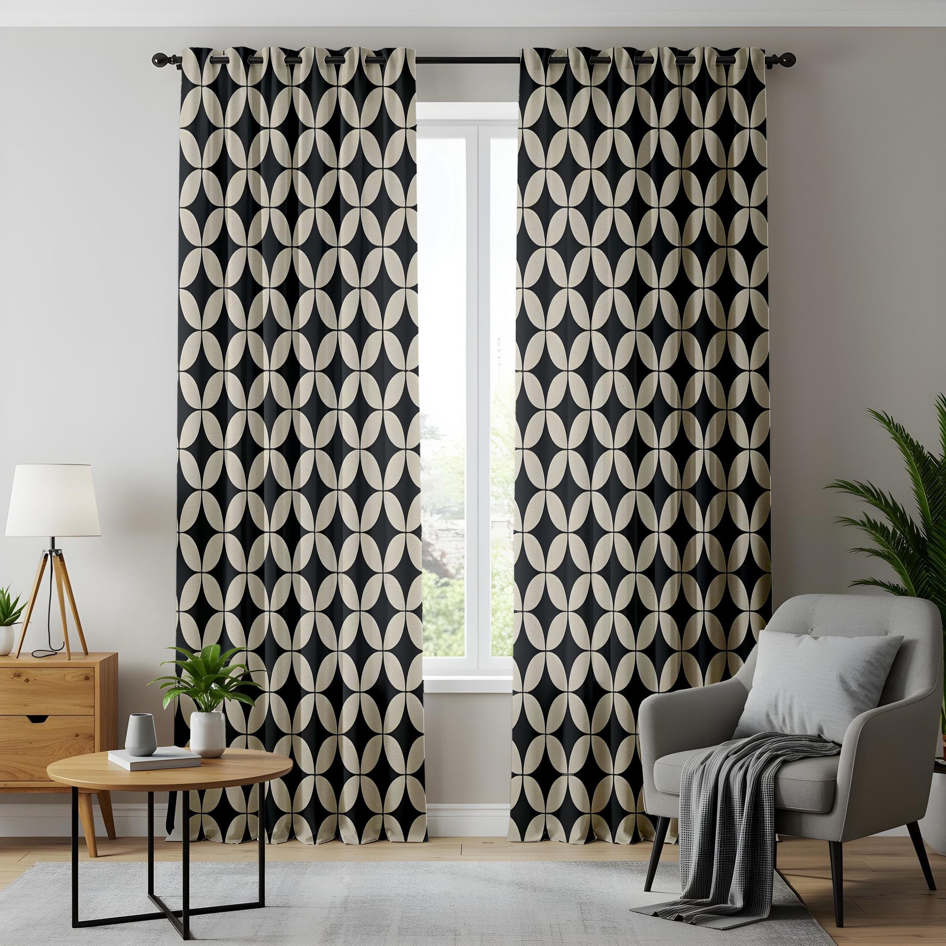 Onay Japanese Geometric Pattern Curtains – Black and Beige Retro Drapes