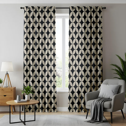 Onay Japanese Geometric Pattern Curtains – Black and Beige Retro Drapes