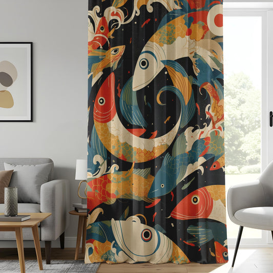 Onay Japanese Koi Fish Curtains, Bold Nautical Fish Window Curtains