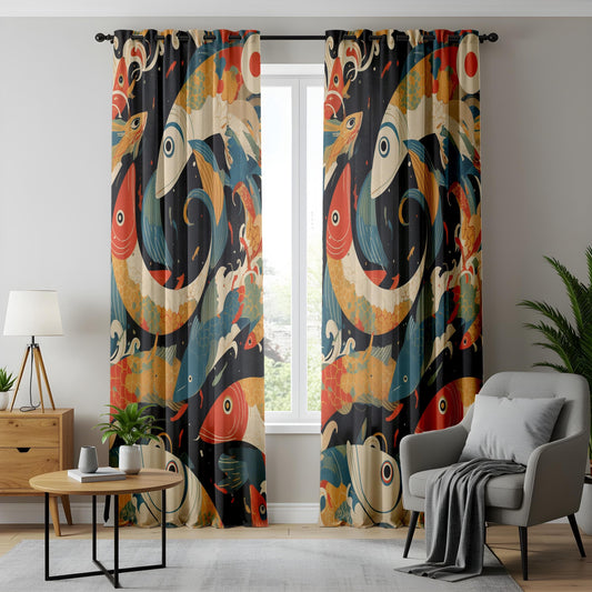 Onay Japanese Koi Fish Curtains, Bold Nautical Fish Window Curtains