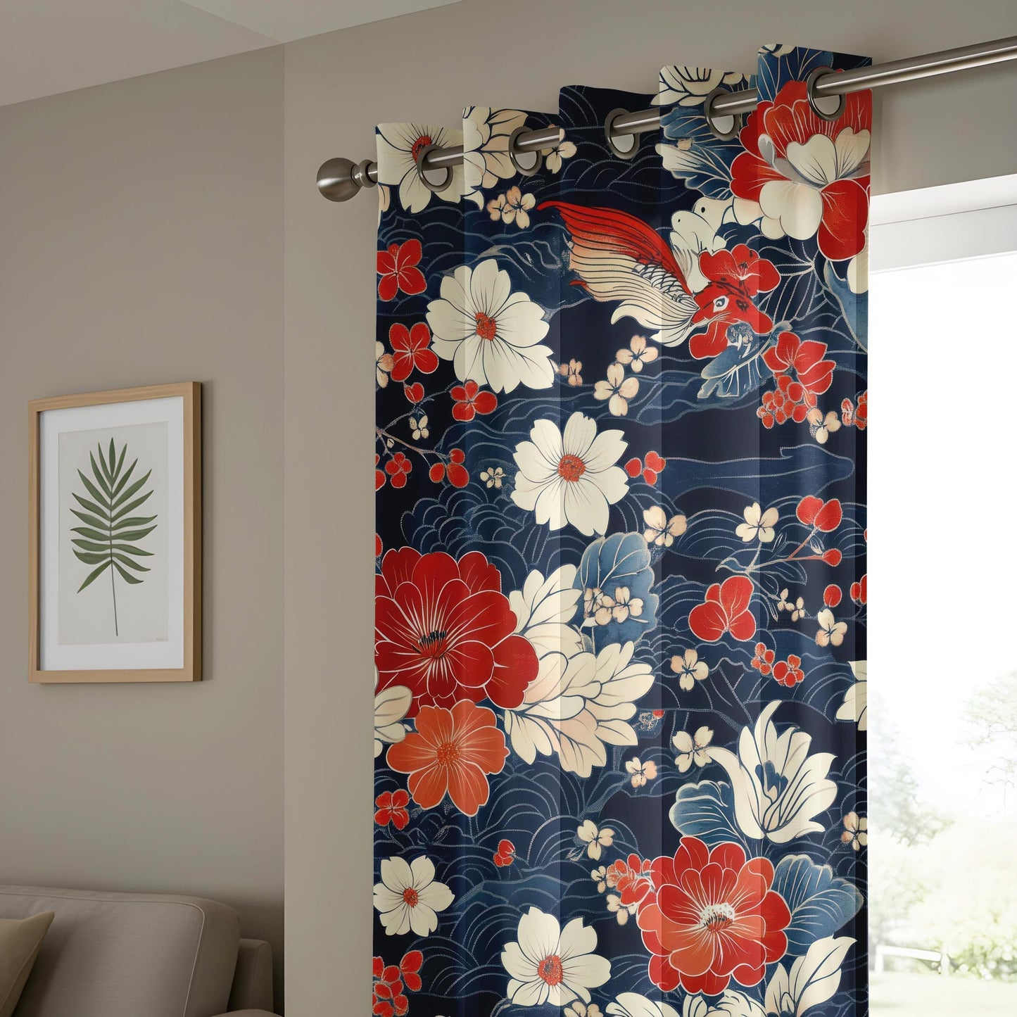 Onay Japanese Koi Fish Living Room Curtains, Floral Oriental Window Drapes