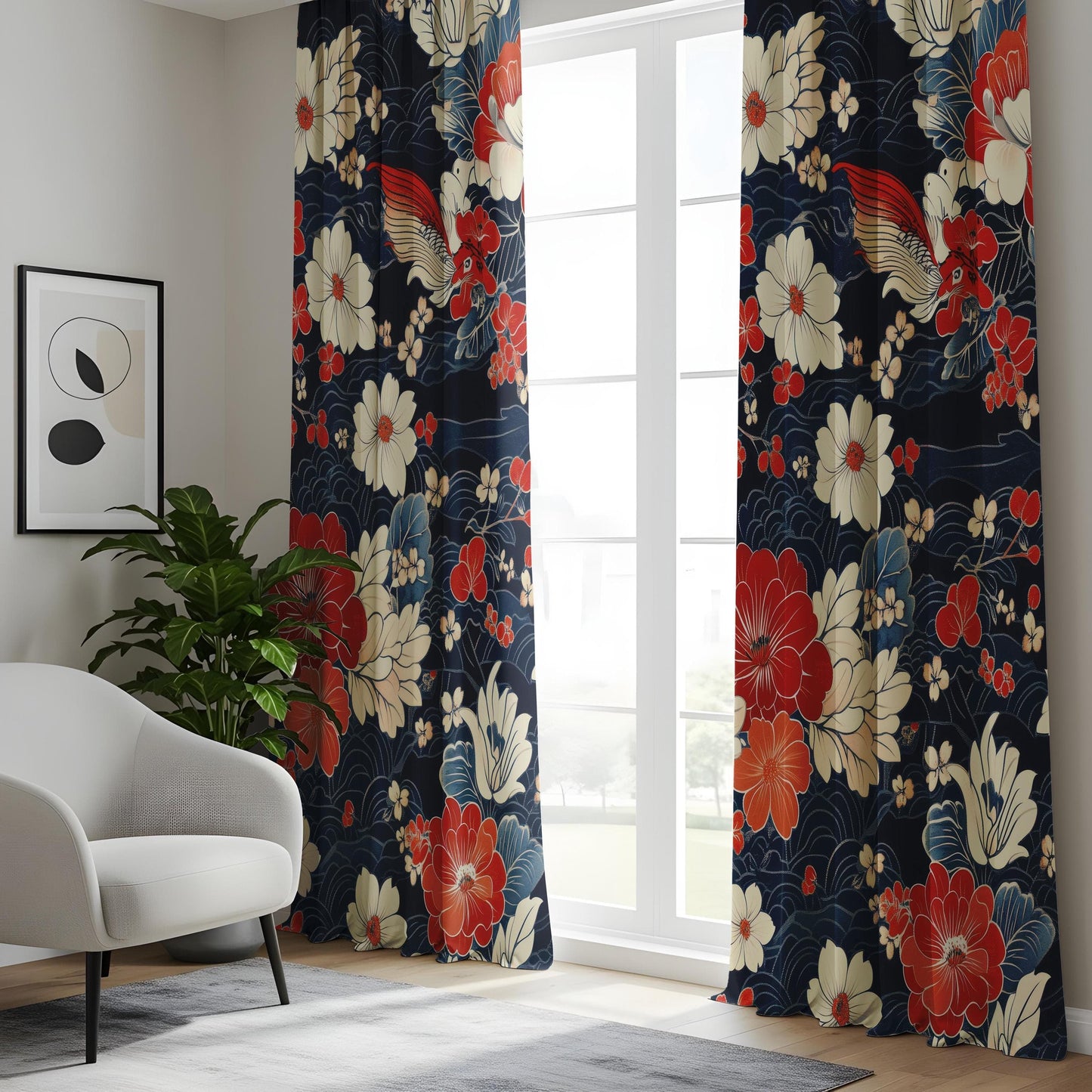Onay Japanese Koi Fish Living Room Curtains, Floral Oriental Window Drapes