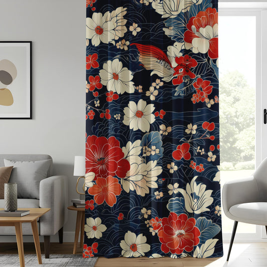 Onay Japanese Koi Fish Living Room Curtains, Floral Oriental Window Drapes