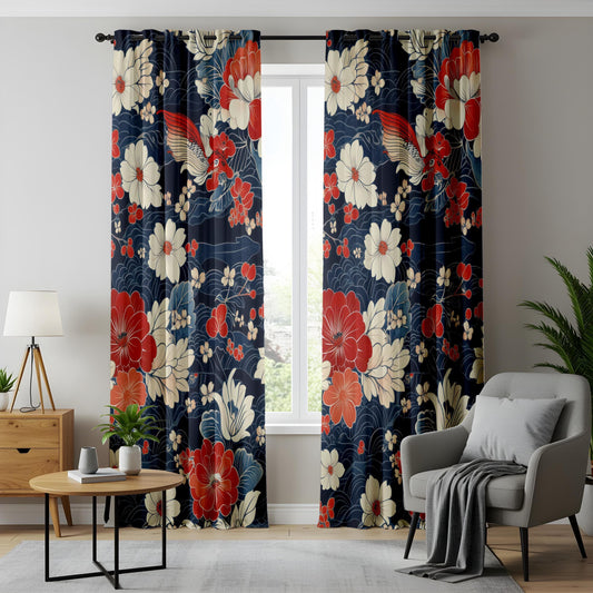 Onay Japanese Koi Fish Living Room Curtains, Floral Oriental Window Drapes