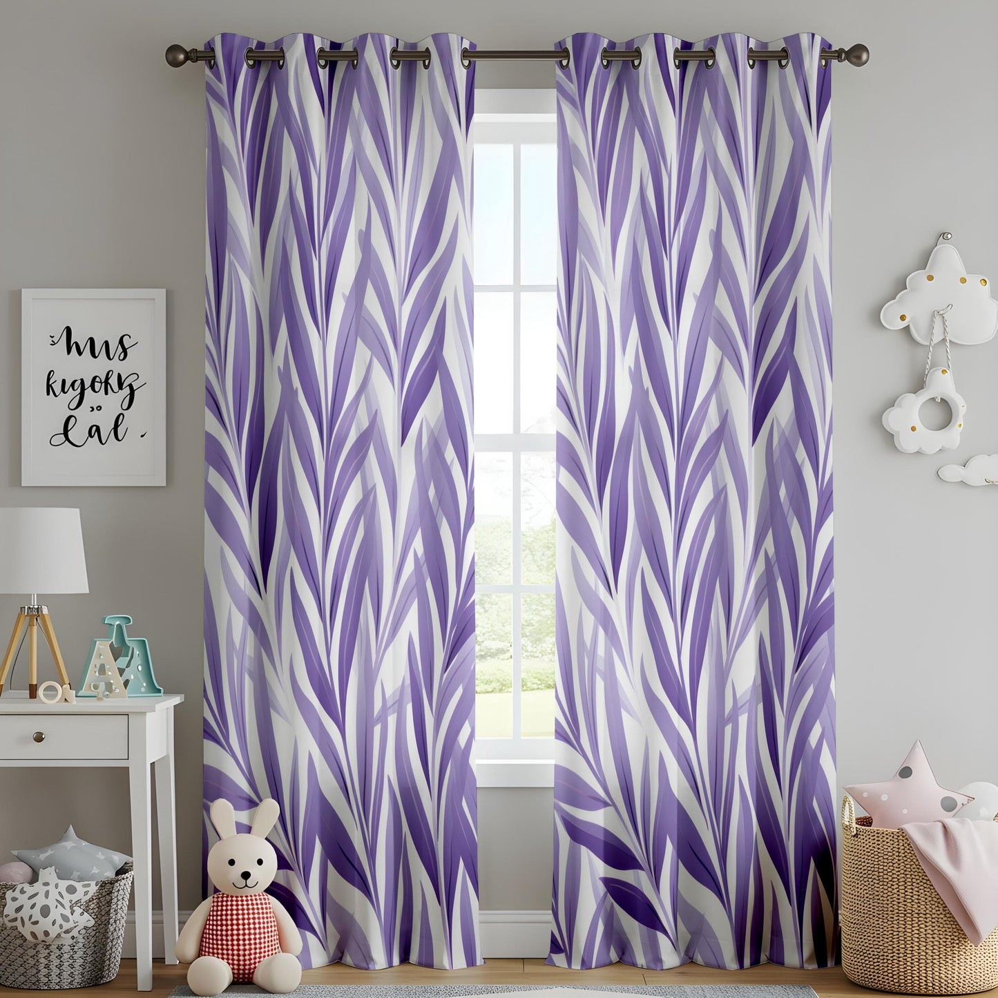 Onay Lavender Dreams Living Room Curtains, Elegant Purple Leaf Pattern