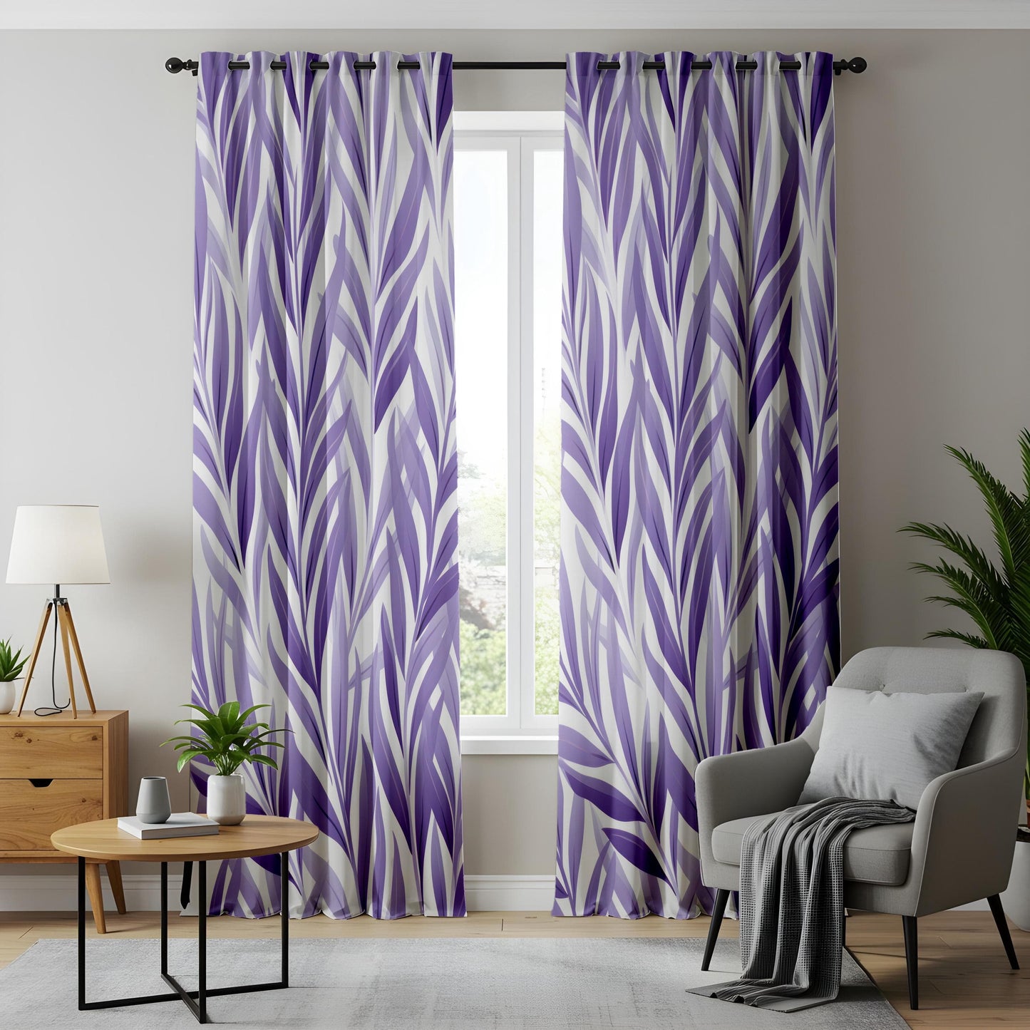 Onay Lavender Dreams Living Room Curtains, Elegant Purple Leaf Pattern