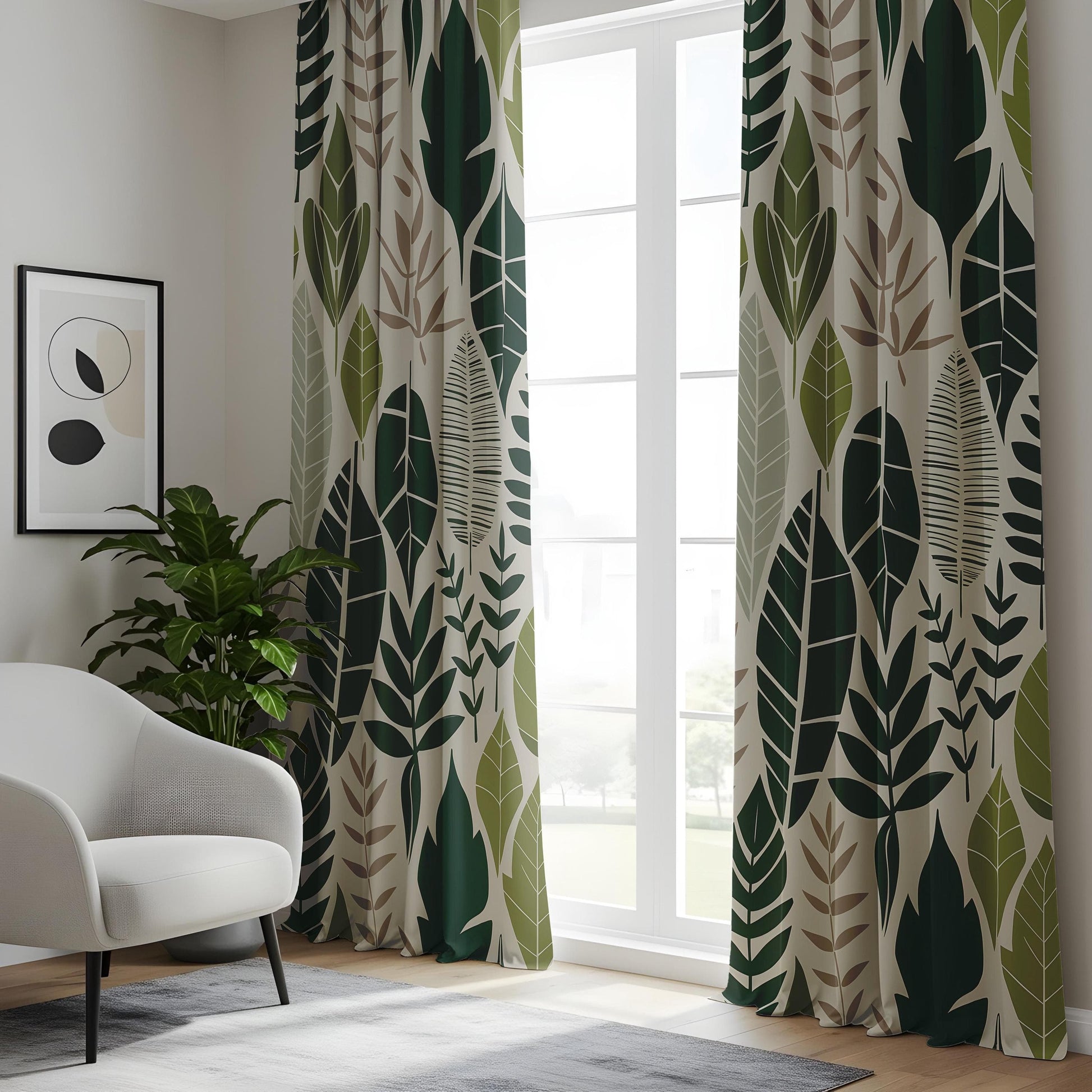 Onay Leafy Printed Curtains, Botanical Patterned Drapes, Forest-Inspired Window Drapes