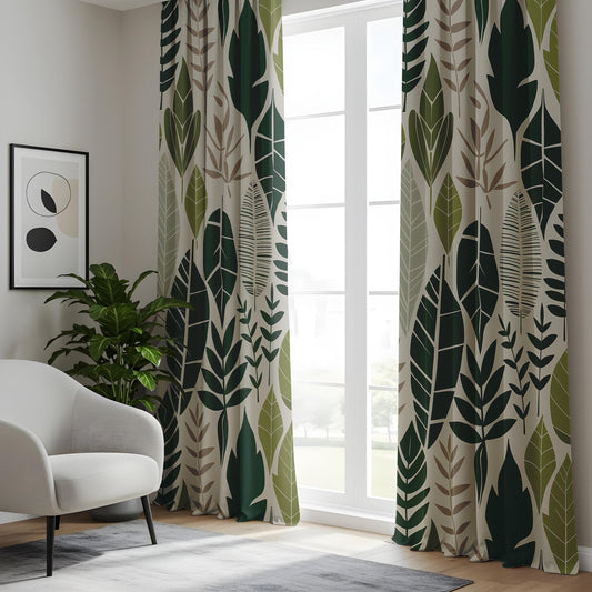 Onay Leafy Printed Curtains, Botanical Patterned Drapes, Forest-Inspired Window Drapes