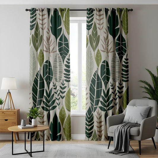 Onay Leafy Printed Curtains, Botanical Patterned Drapes, Forest-Inspired Window Drapes