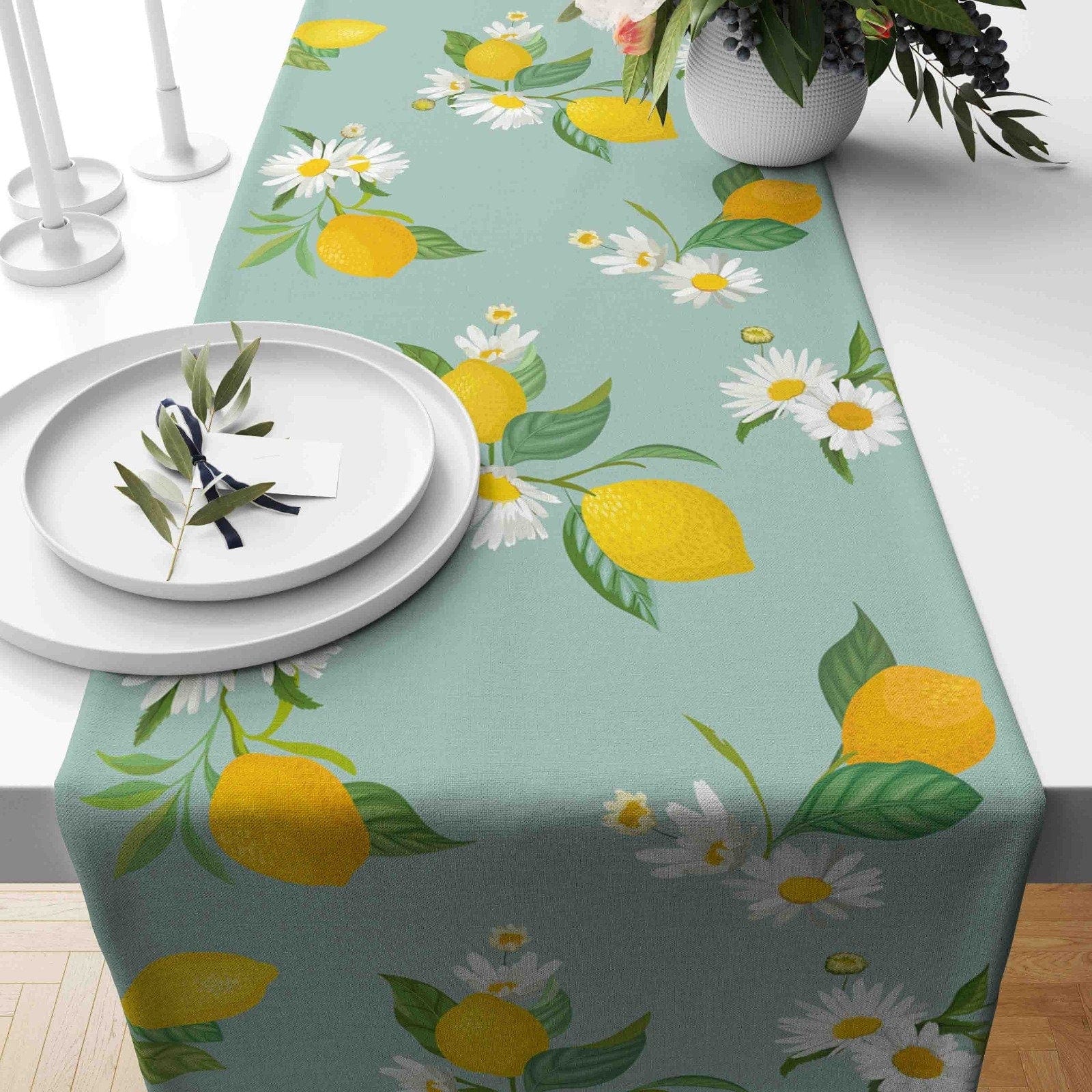 Onay Home Textile table runner 3 / 12 x 46 inch (30 x 120 cm) Lemon and Olive Table Runner Floral Lemon Table Decor