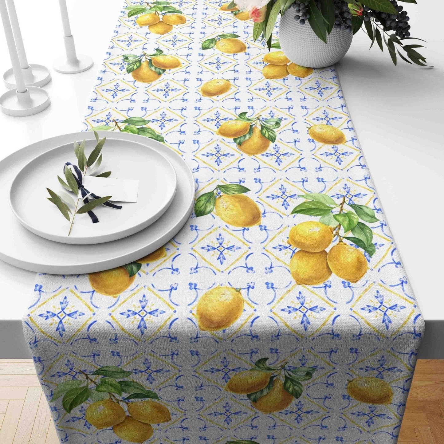 Onay Home Textile table runner 2 / 12 x 46 inch (30 x 120 cm) Lemon and Olive Table Runner Floral Lemon Table Decor