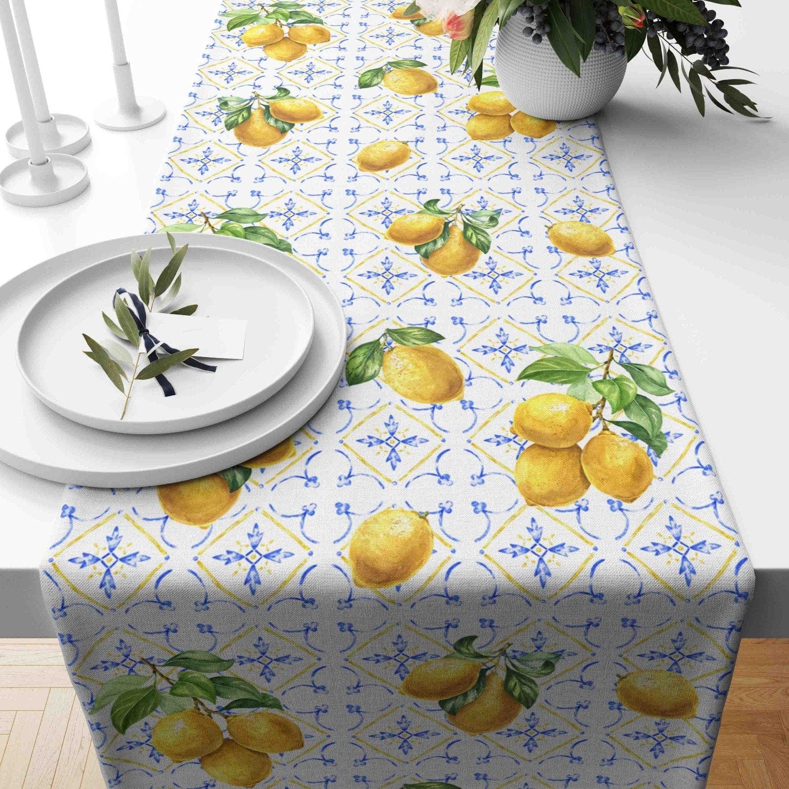 Onay Home Textile table runner 2 / 12 x 46 inch (30 x 120 cm) Lemon and Olive Table Runner Floral Lemon Table Decor
