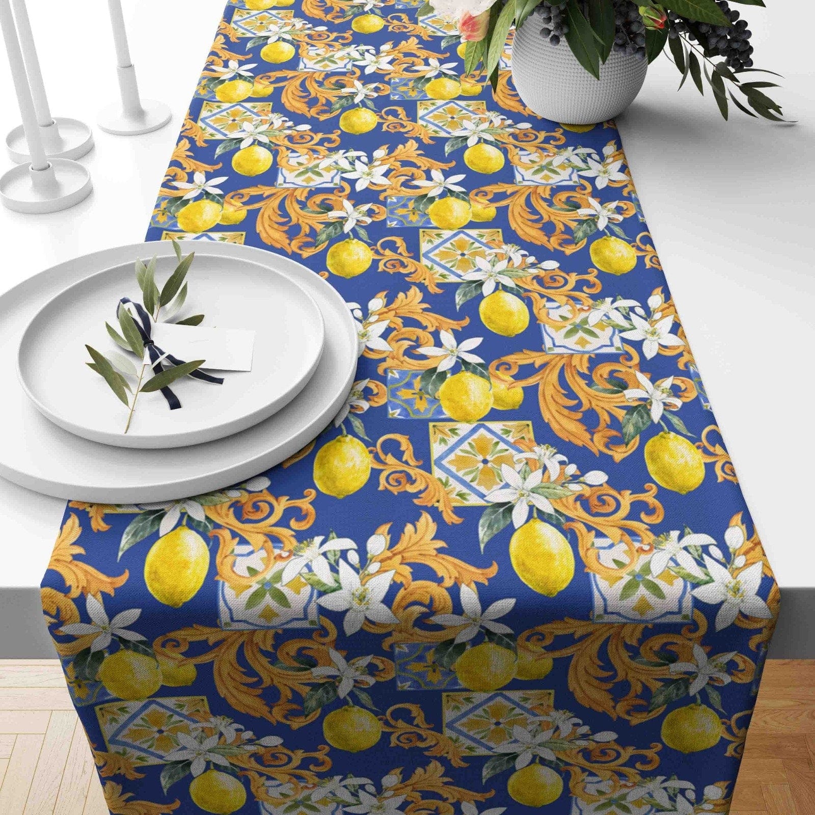 Onay Home Textile table runner 4 / 12 x 46 inch (30 x 120 cm) Lemon Citrus Table Clouth Yellow & Blue Floral Tablecloth