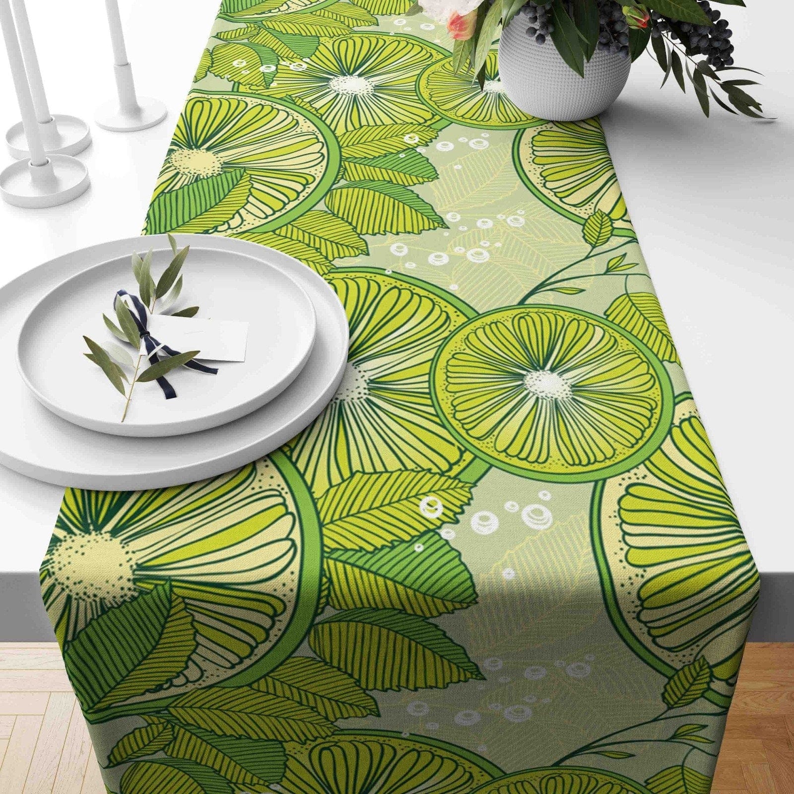 Onay Home Textile table runner 3 / 12 x 46 inch (30 x 120 cm) Lemon Citrus Table Clouth Yellow & Blue Floral Tablecloth