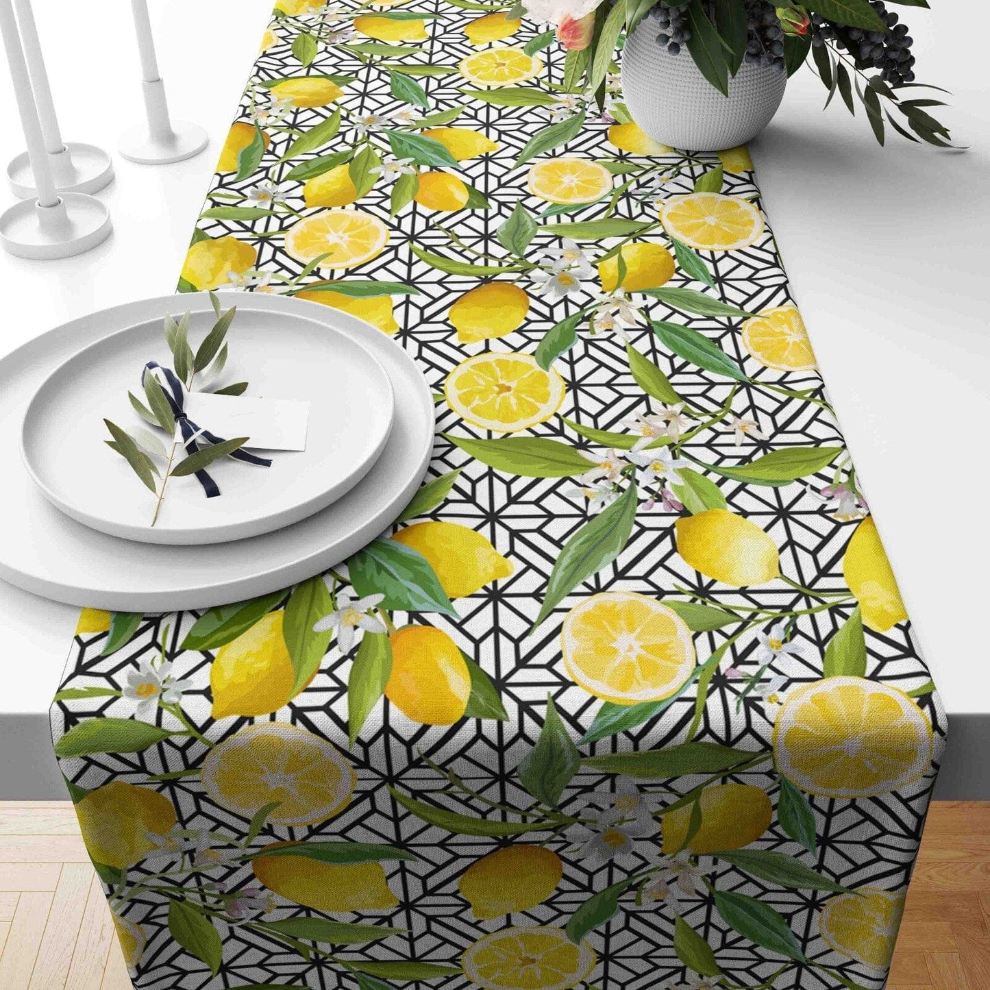 Onay Home Textile table runner 2 / 12 x 46 inch (30 x 120 cm) Lemon Citrus Table Clouth Yellow & Blue Floral Tablecloth