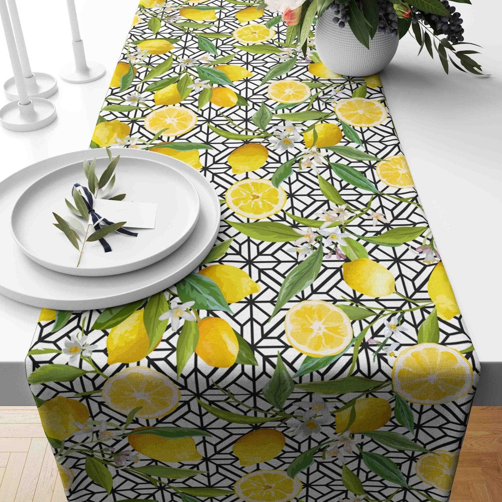 Onay Home Textile table runner 2 / 12 x 46 inch (30 x 120 cm) Lemon Citrus Table Clouth Yellow & Blue Floral Tablecloth