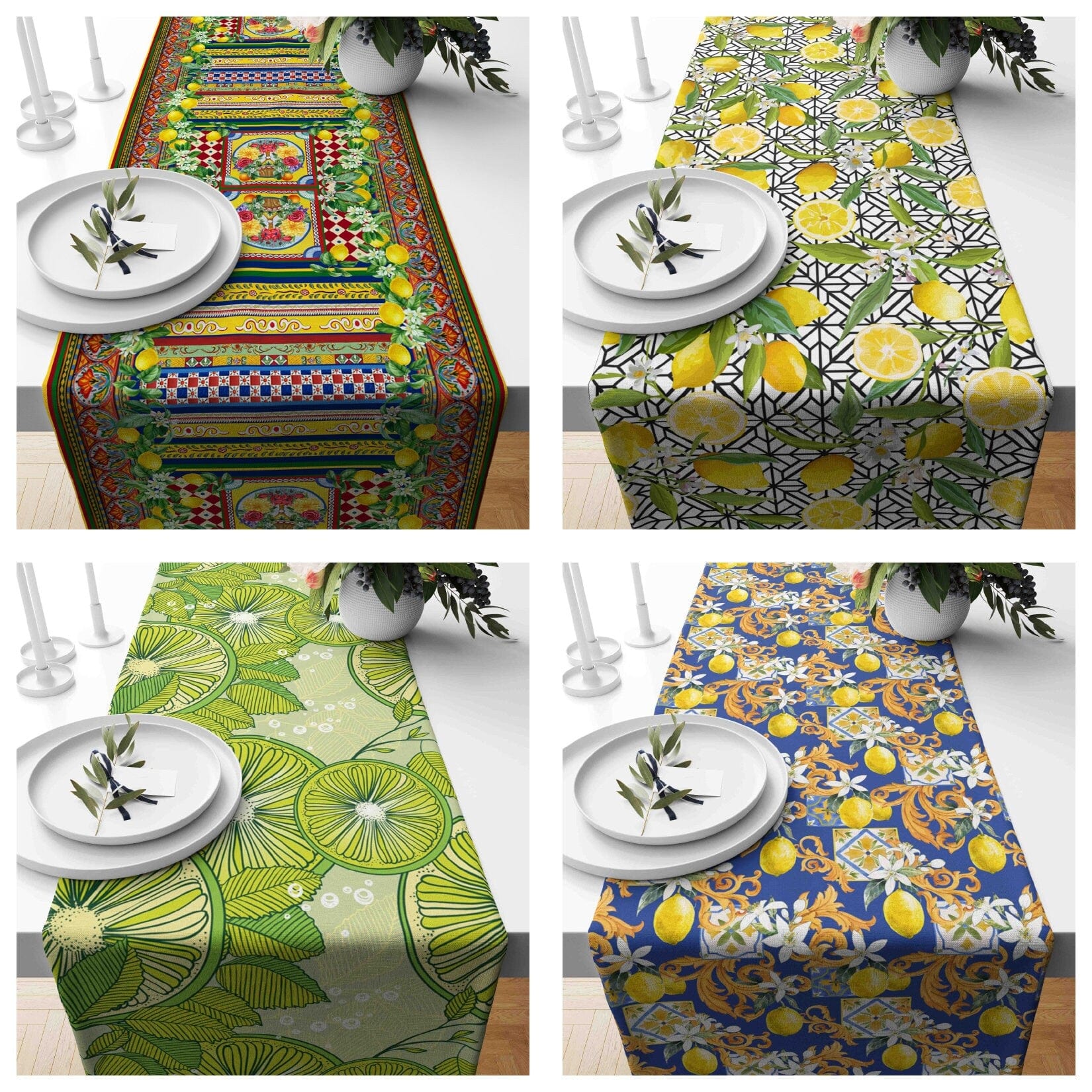 Onay Home Textile table runner Lemon Citrus Table Clouth Yellow & Blue Floral Tablecloth