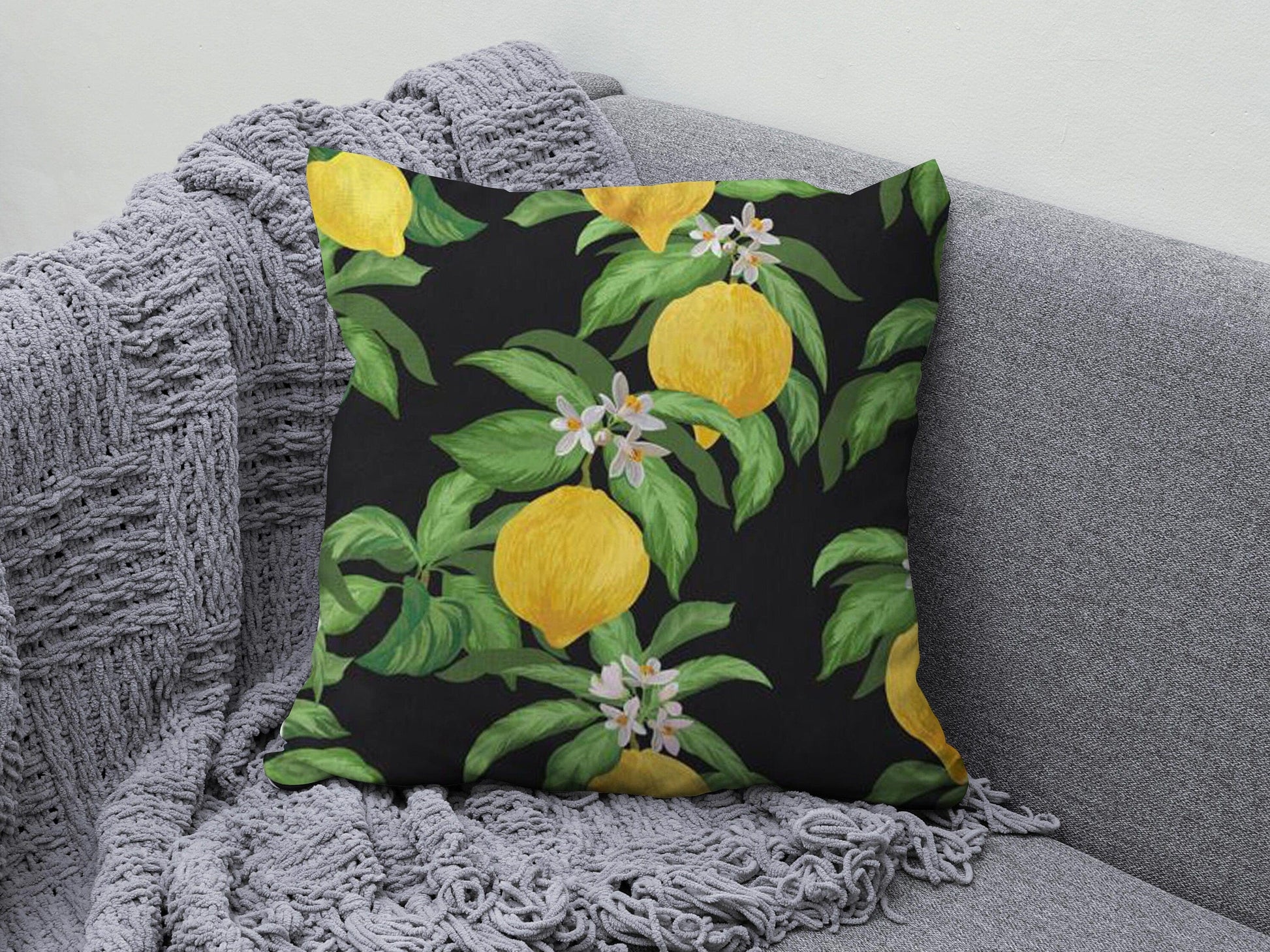 Onay 2 / 12 x 12 inch (30 x 30 cm) Lemon & Lemon Flower Print Summer Decor Cushion Cover