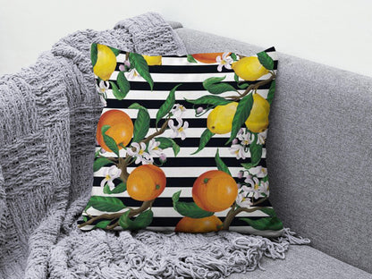 Onay 1 / 12 x 12 inch (30 x 30 cm) Lemon Orange Citrus Yellow & Black Striped Cushion Cover
