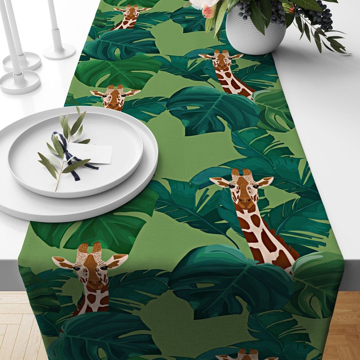 Onay Home Textile table runner 4 / 12 x 46 inch (30 x 120 cm) Leopard Tablecloth Green Kitchen Runner Wild Animals