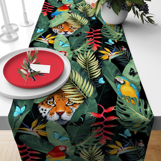 Onay Home Textile table runner 1 / 12 x 46 inch (30 x 120 cm) Leopard Tablecloth Green Kitchen Runner Wild Animals