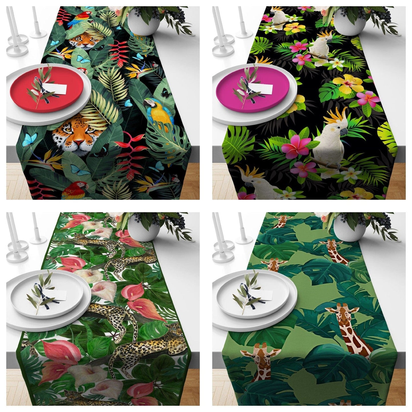 Onay Home Textile table runner Leopard Tablecloth Green Kitchen Runner Wild Animals