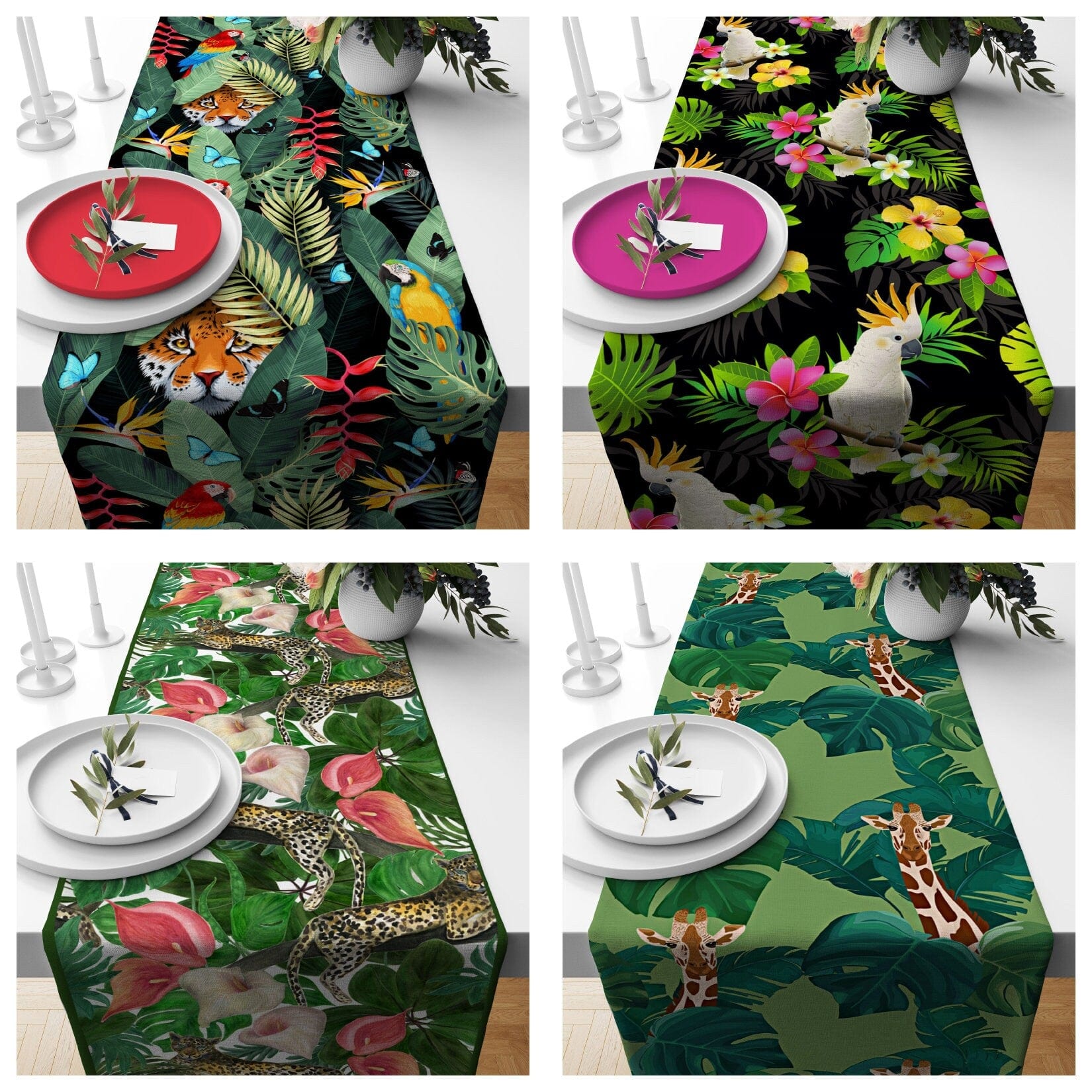 Onay Home Textile table runner Leopard Tablecloth Green Kitchen Runner Wild Animals