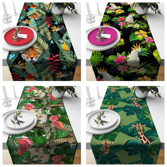 Onay Home Textile table runner Leopard Tablecloth Green Kitchen Runner Wild Animals