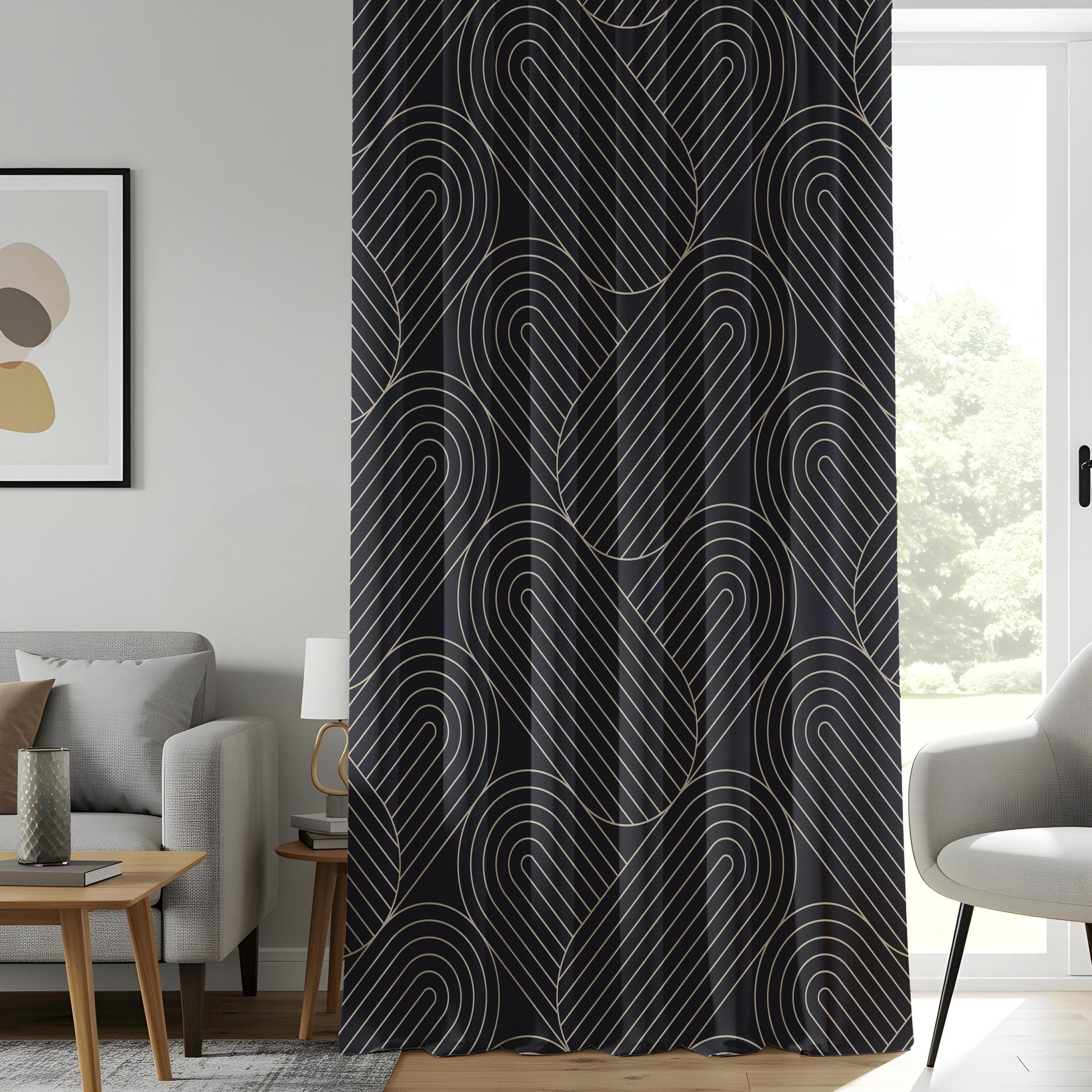 Onay Luxury Art Deco Living Room Curtains, Elegant Black Window Drapes