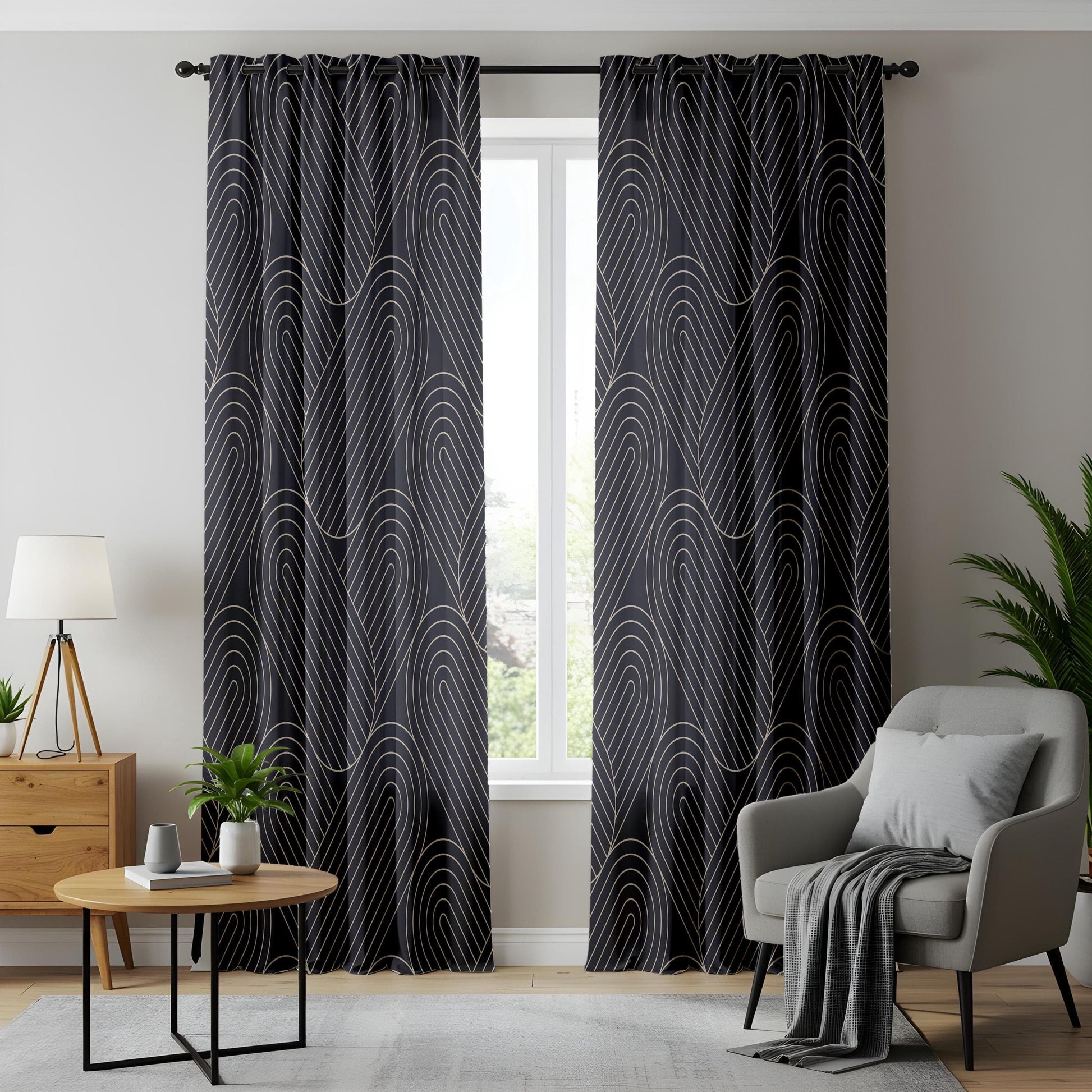 Onay Luxury Art Deco Living Room Curtains, Elegant Black Window Drapes