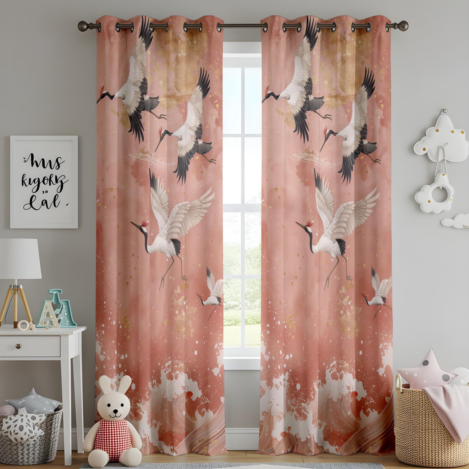Onay Majestic Crane Curtains – Soft Pink and Gold Bird Motif Drapes for Elegant Interiors