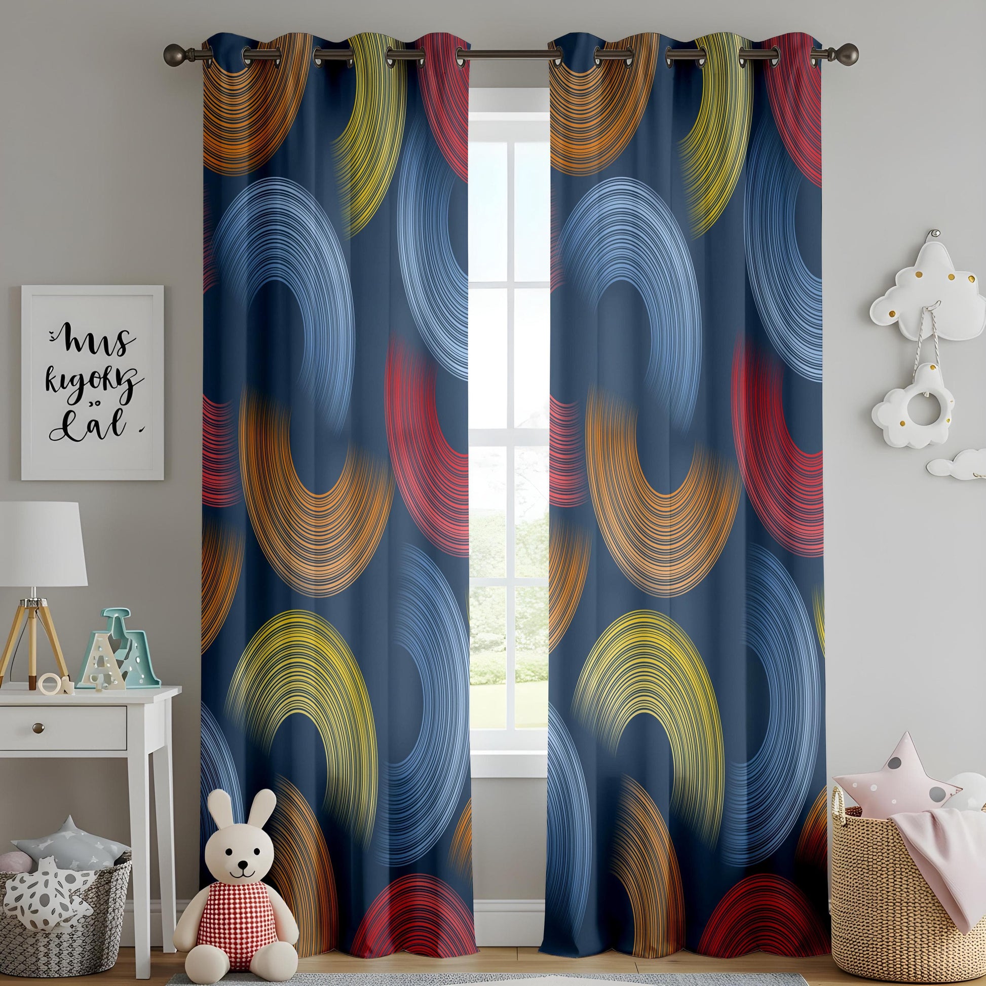 Onay Mid-Century Abstract Curtains – Colorful Geometric Swirl Drapes