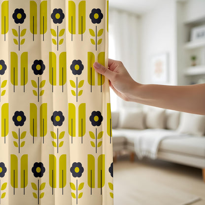 Onay Mid-Century Floral Curtains – Retro Yellow & Black Bloom Drapes