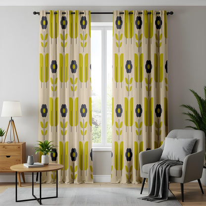 Onay Mid-Century Floral Curtains – Retro Yellow & Black Bloom Drapes