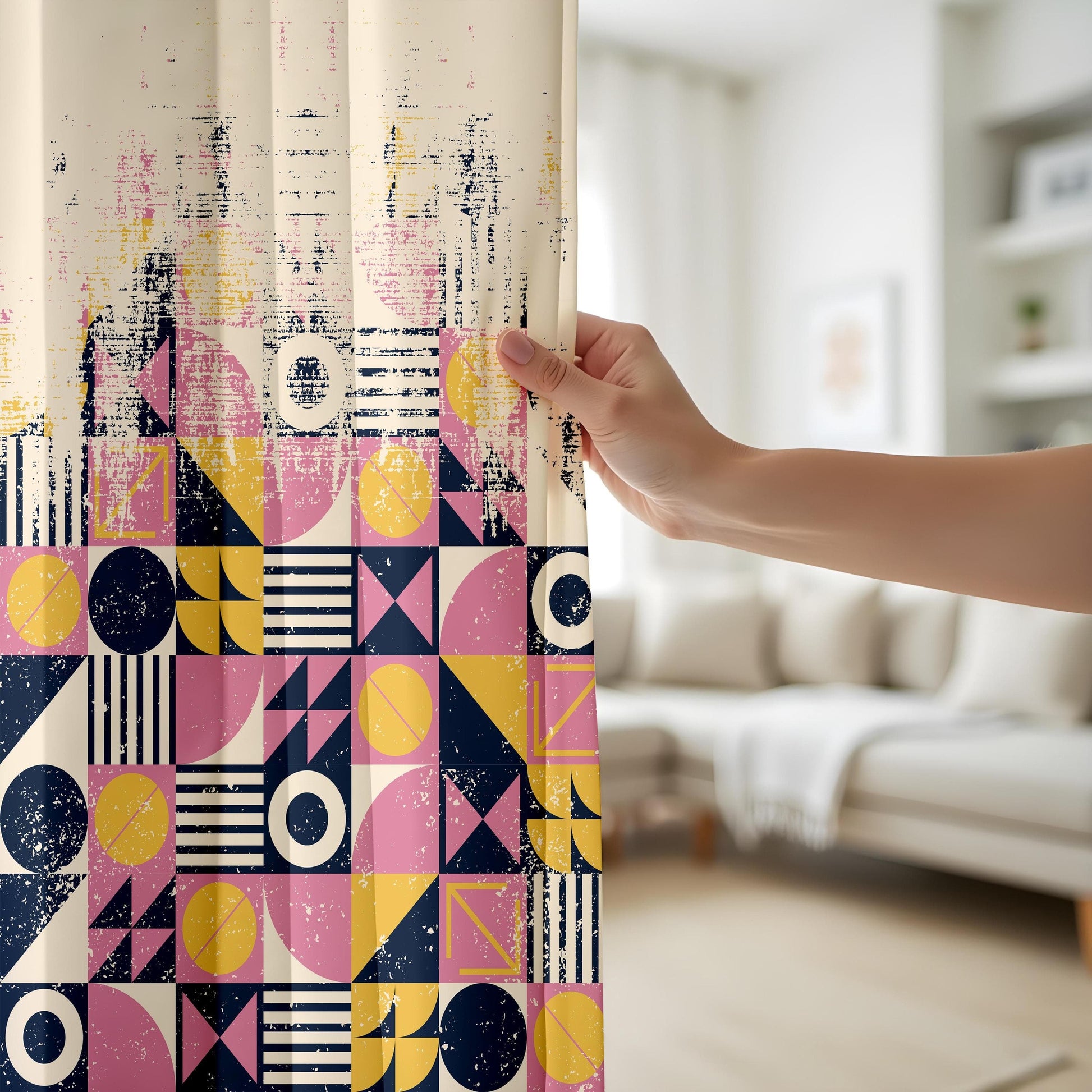 Onay Mid-Century Geometric Curtains, Abstract Pink, Yellow and Navy Drapes, Retro Modern Window Panels