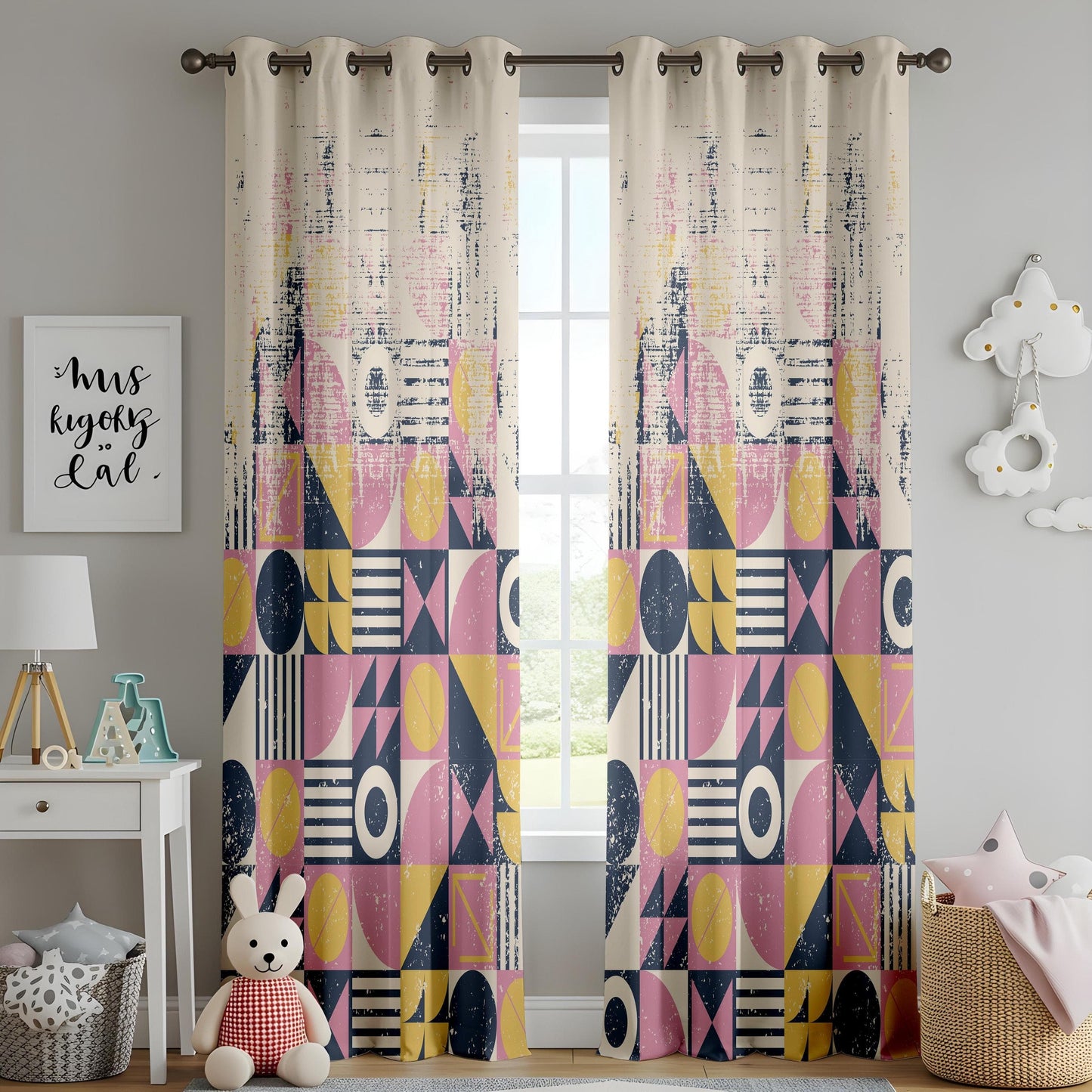 Onay Mid-Century Geometric Curtains, Abstract Pink, Yellow and Navy Drapes, Retro Modern Window Panels