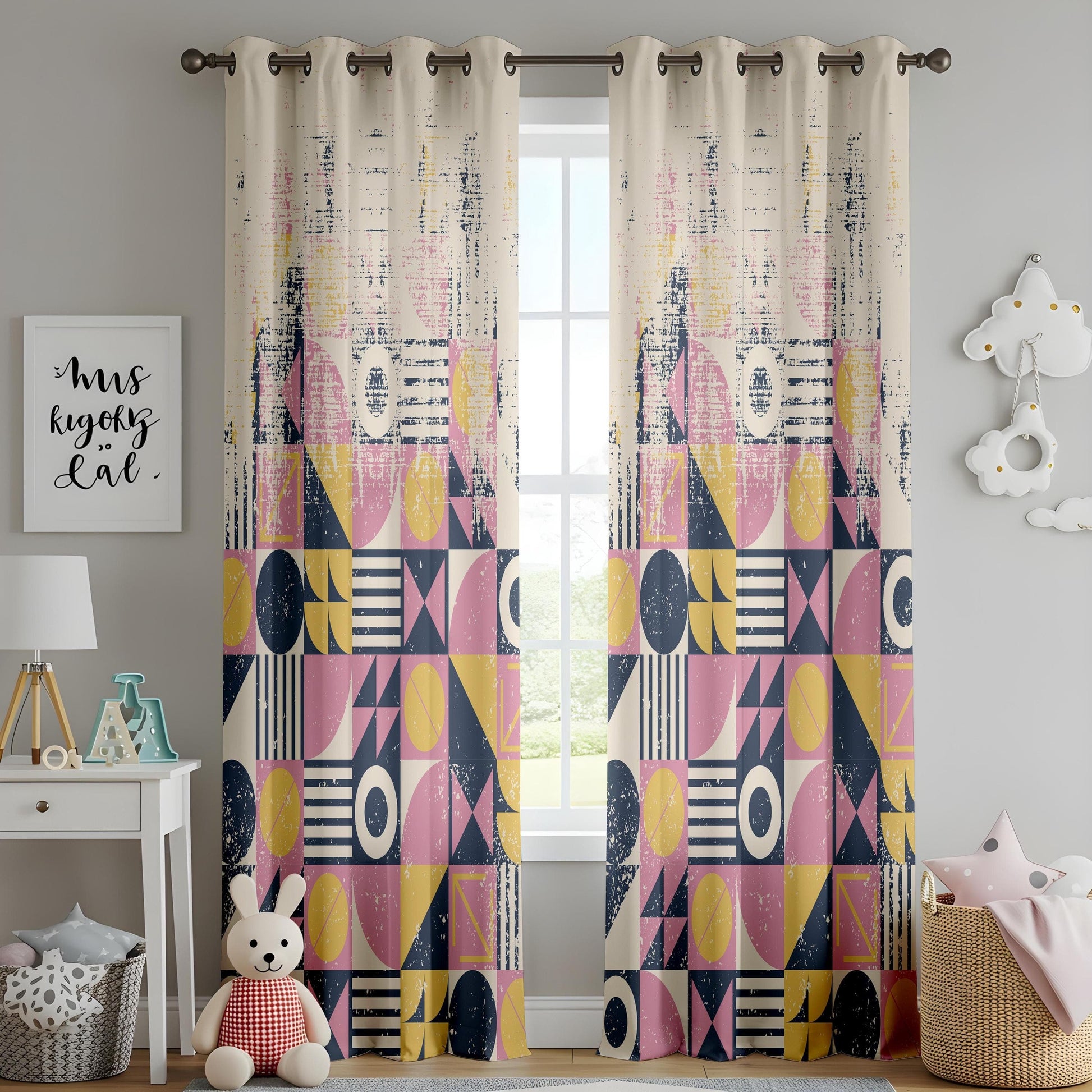 Onay Mid-Century Geometric Curtains, Abstract Pink, Yellow and Navy Drapes, Retro Modern Window Panels