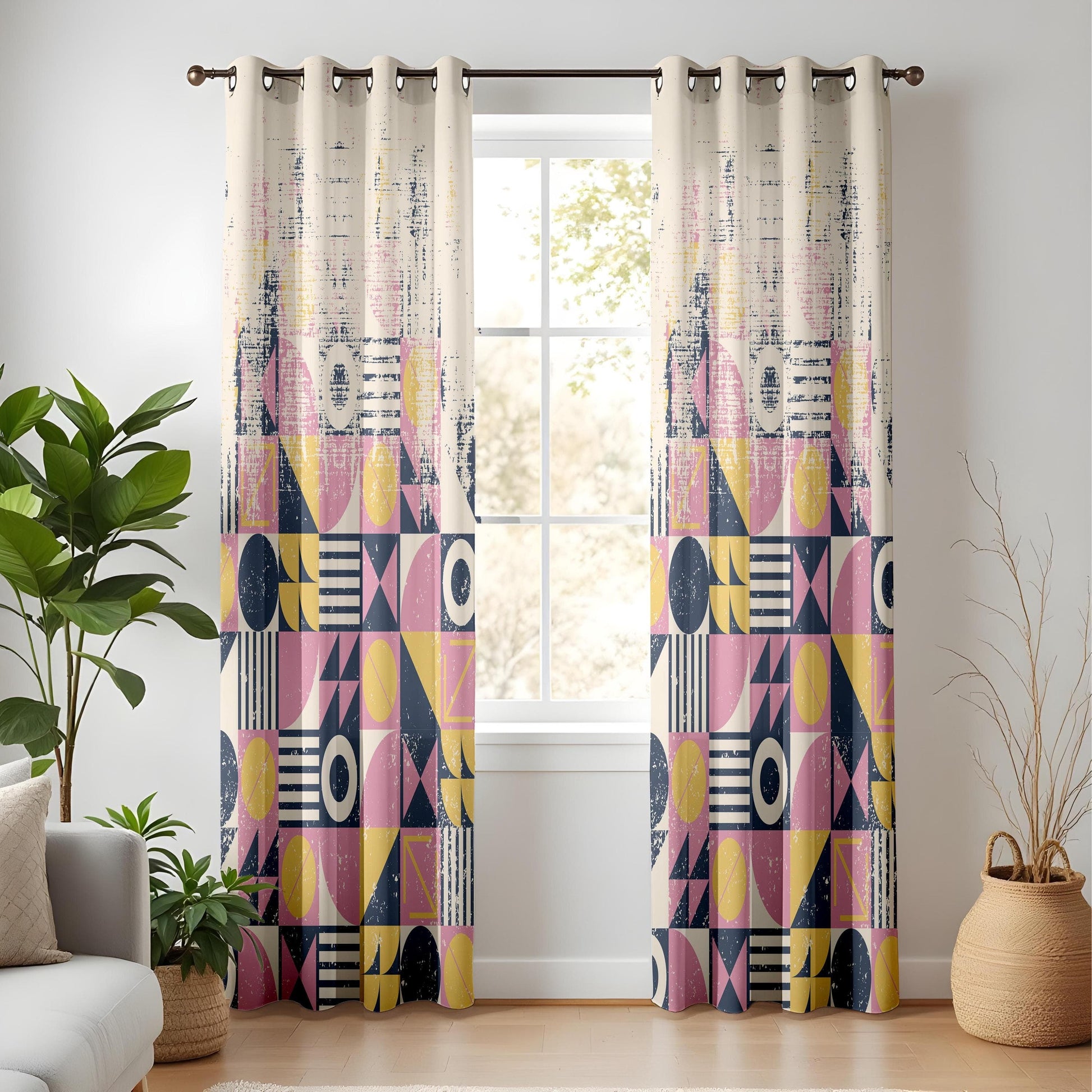 Onay Mid-Century Geometric Curtains, Abstract Pink, Yellow and Navy Drapes, Retro Modern Window Panels