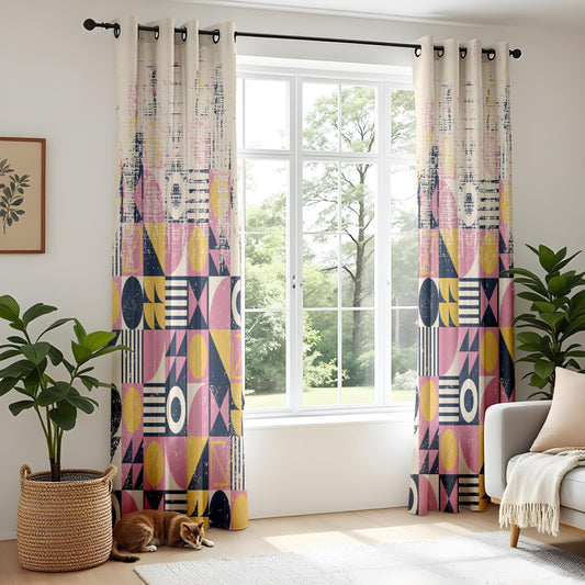 Onay Mid-Century Geometric Curtains, Abstract Pink, Yellow and Navy Drapes, Retro Modern Window Panels