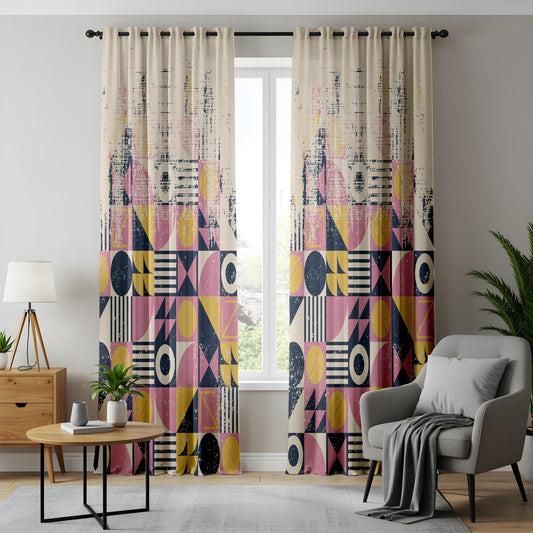 Onay Mid-Century Geometric Curtains, Abstract Pink, Yellow and Navy Drapes, Retro Modern Window Panels