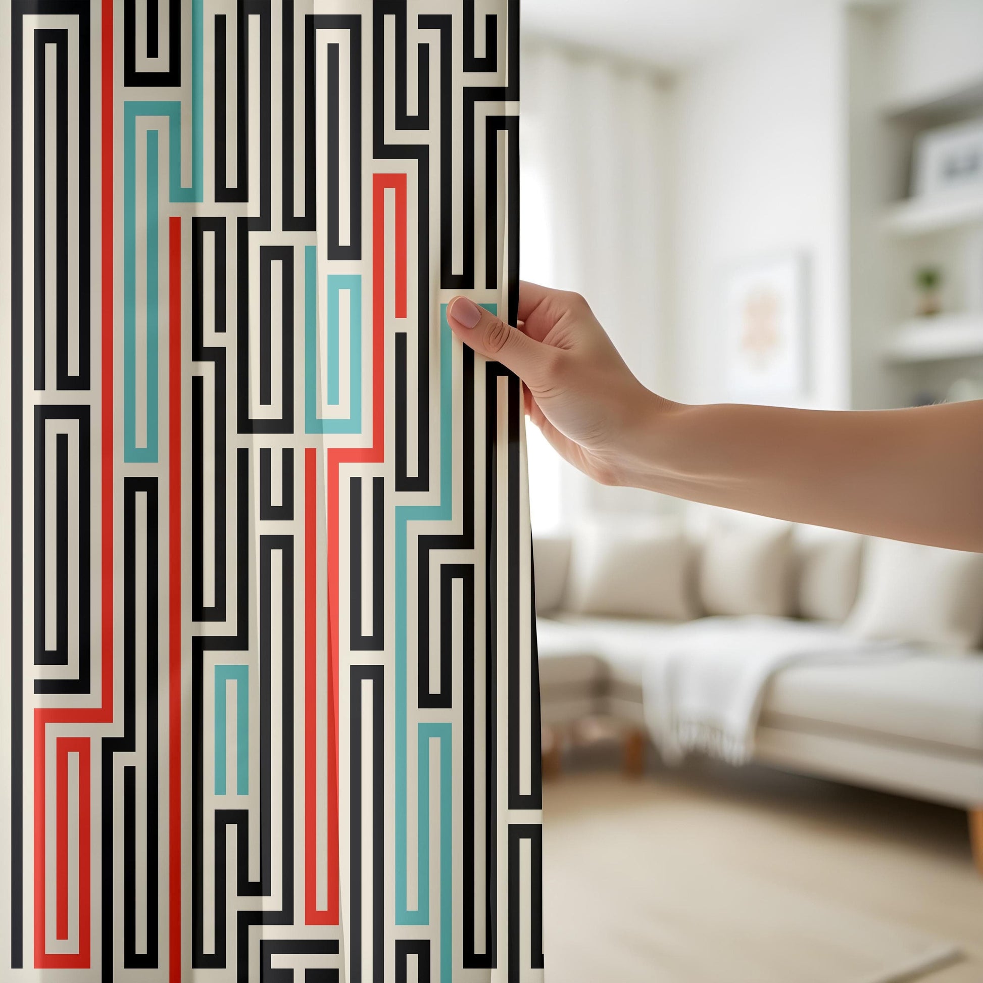 Onay Mid-Century Modern Curtains – Bold Abstract Maze and Retro Color Block Design
