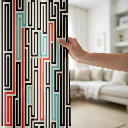Onay Mid-Century Modern Curtains – Bold Abstract Maze and Retro Color Block Design