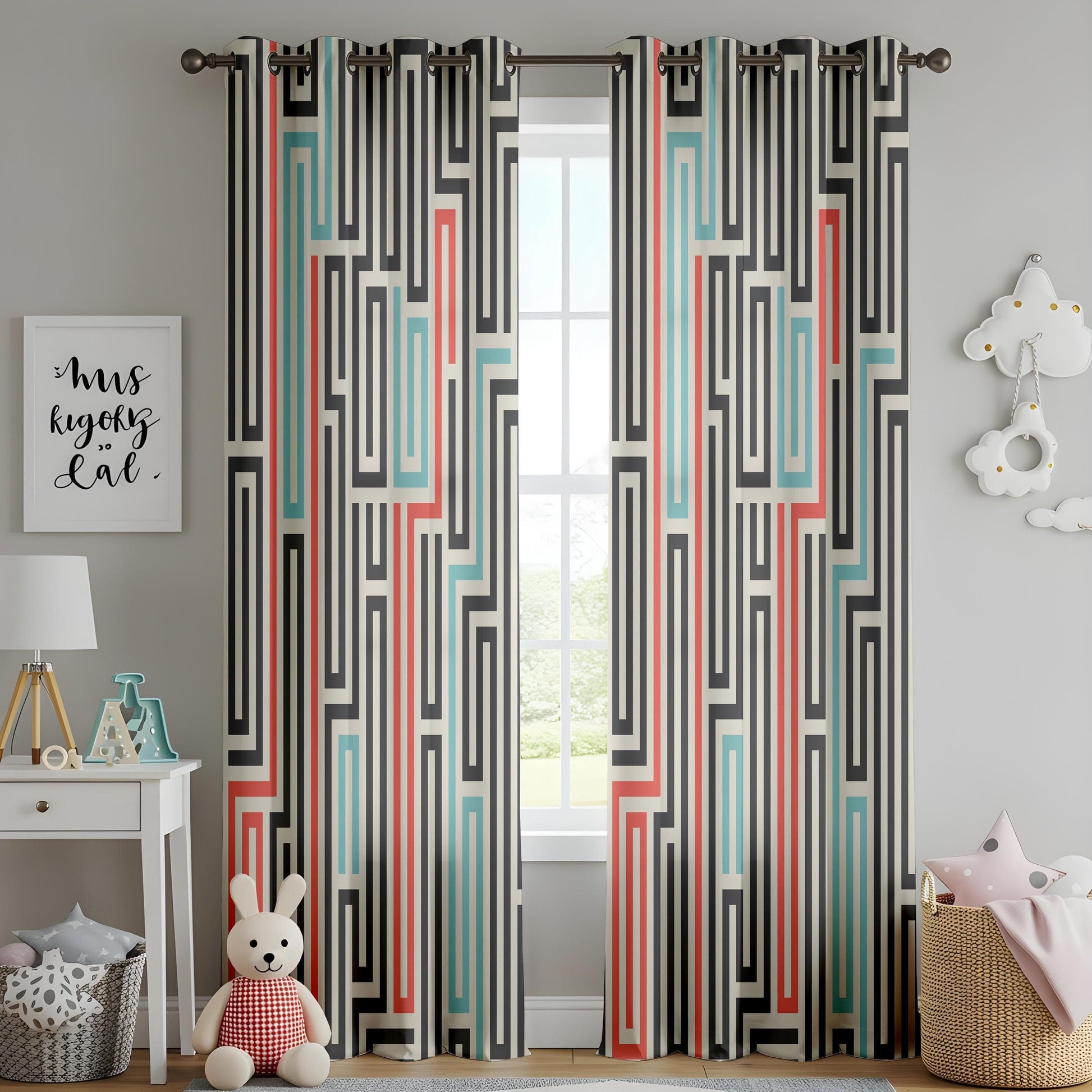 Onay Mid-Century Modern Curtains – Bold Abstract Maze and Retro Color Block Design