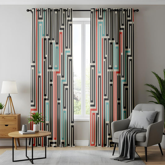 Onay Mid-Century Modern Curtains – Bold Abstract Maze and Retro Color Block Design