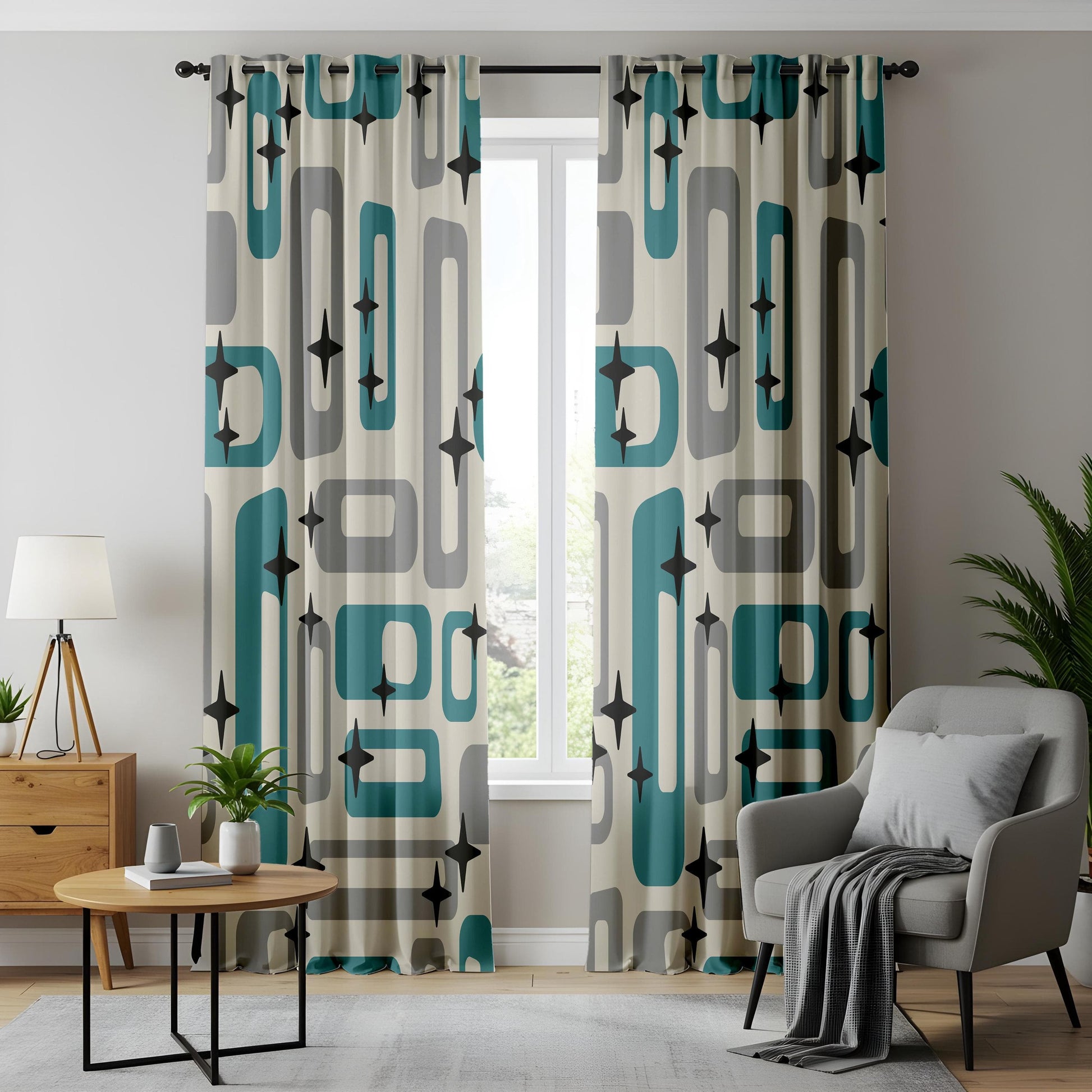 Onay Mid-Century Modern Curtains, Retro Geometric Window Drapes