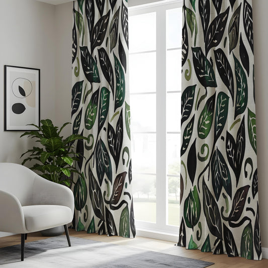 Onay Mid-Century Modern Leaf Curtains, Retro Botanical Watercolor Drapes