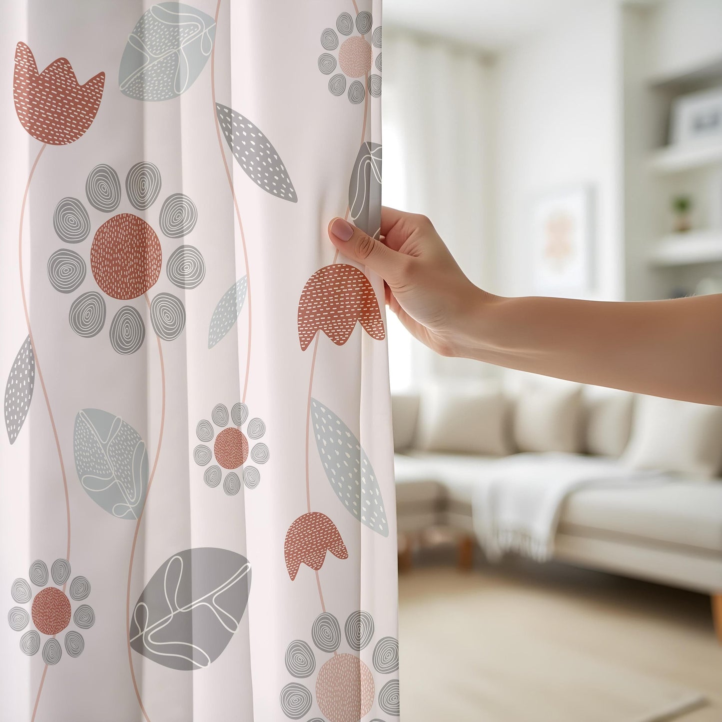 Onay Minimalist Floral Curtains, Soft Beige & Rust Botanical Drapes