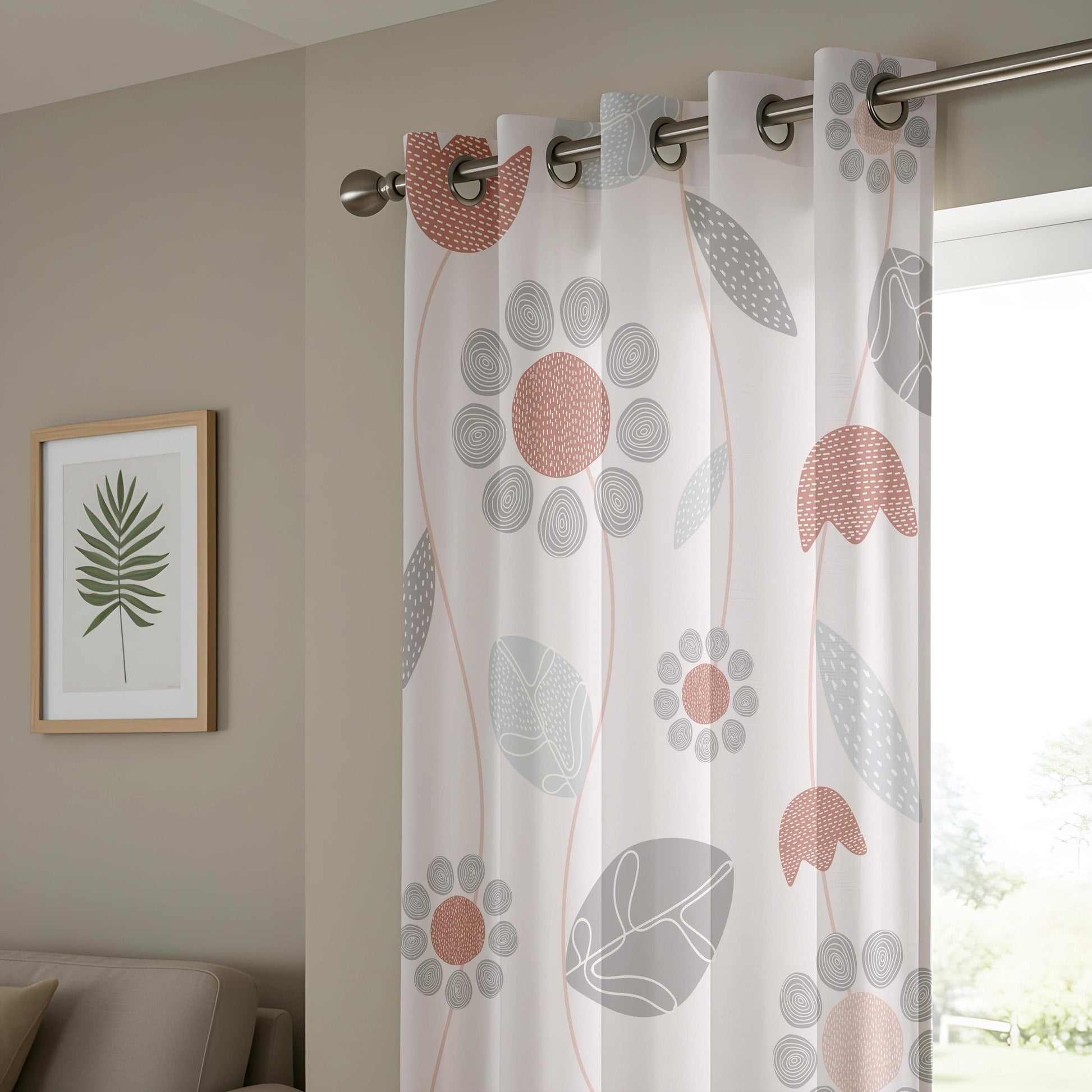 Onay Minimalist Floral Curtains, Soft Beige & Rust Botanical Drapes